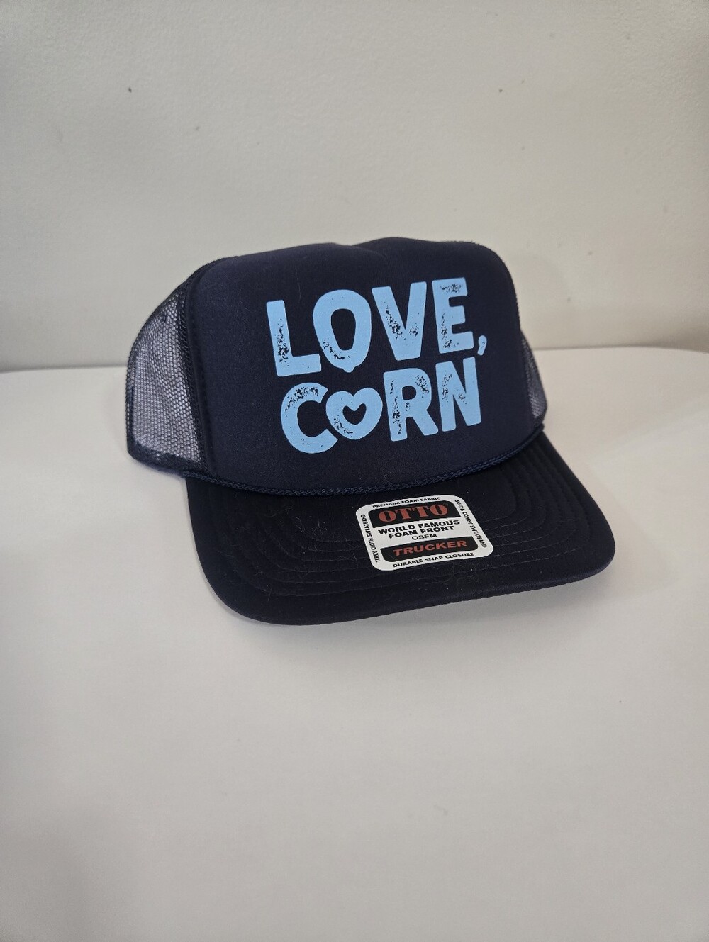 LOVE CORN Navy Trucker Hat, OTTO Brand, One SIZE Unisex
